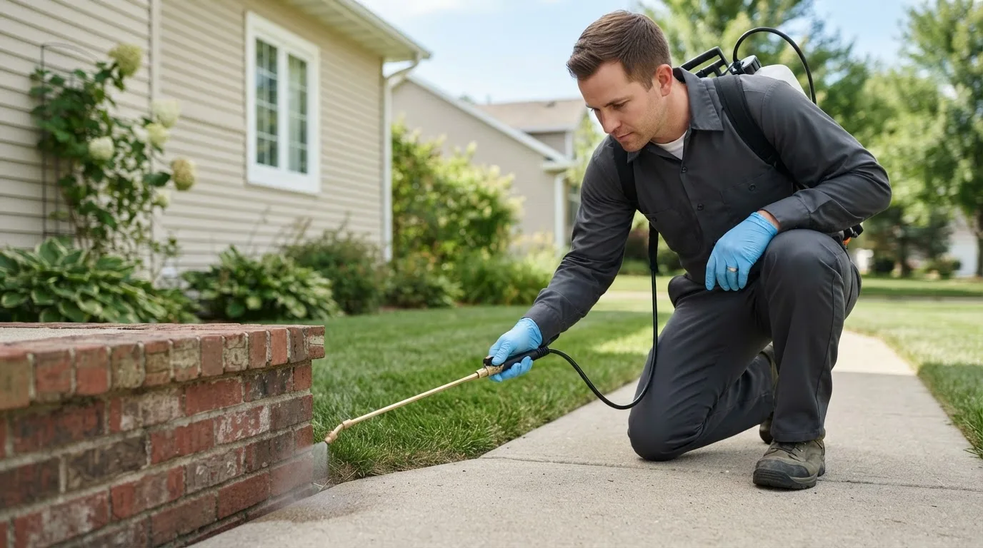 Pest control technician treating a home near Lowell, MA