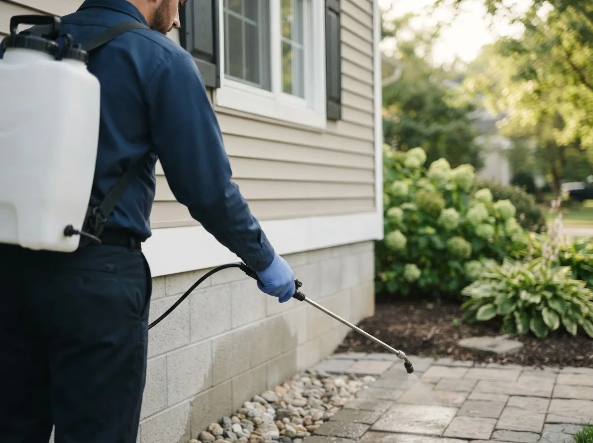 Pest control technician inspecting a home in Lowell, MA